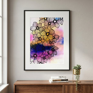 Schwarze Blumen in Strichzeichnung, leuchtendes Pa Poster