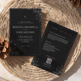 Schwarze Blumen Rustikale Elegante Monogramm-QR-Ho Einladung
