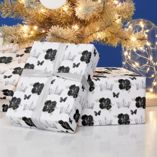 Schwarze Blumen und silberne Kronen Geschenkpapier