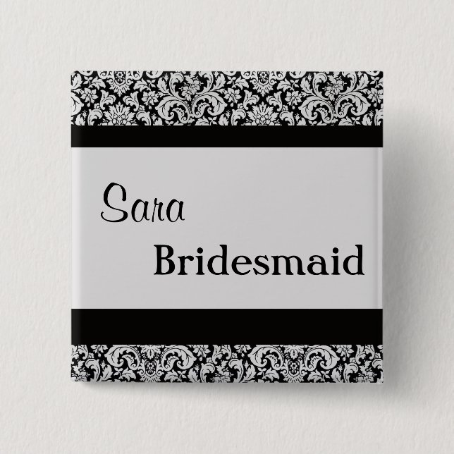 Schwarze Blumendamast-Hochzeits-Brautfrauen v3 Button (Vorderseite)