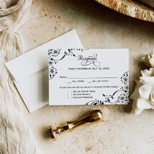 Schwarze Blumenranken-Hochzeitsmahlzeit RSVP Karte