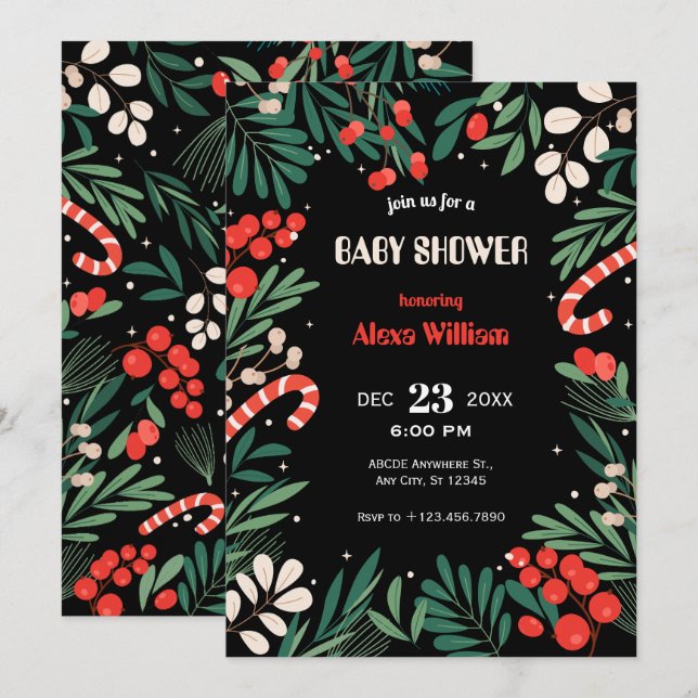 Schwarze Blumenweih-Babydusche Einladung (Vorne/Hinten)