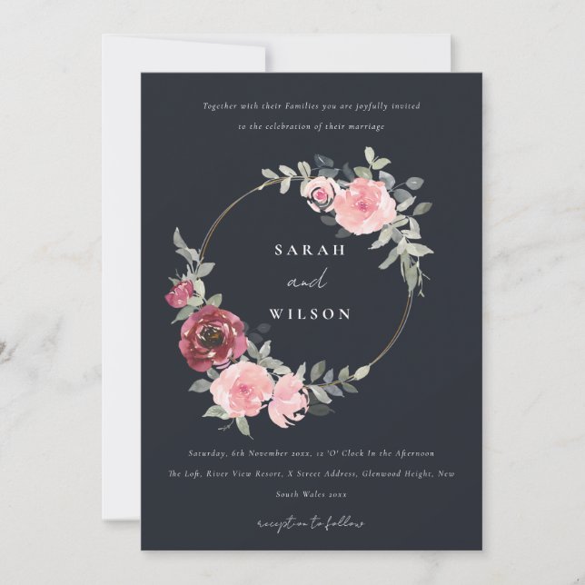 SCHWARZE BLUSH BURGUNDY FLORAL WREATH WEDING INVIT DANKESKARTE (Vorderseite)