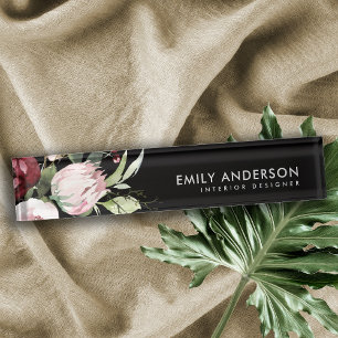 SCHWARZE BLUSPINK BURGUNDY PROTEA FLORAL WATERCOLO NAMENSPLAKETTE