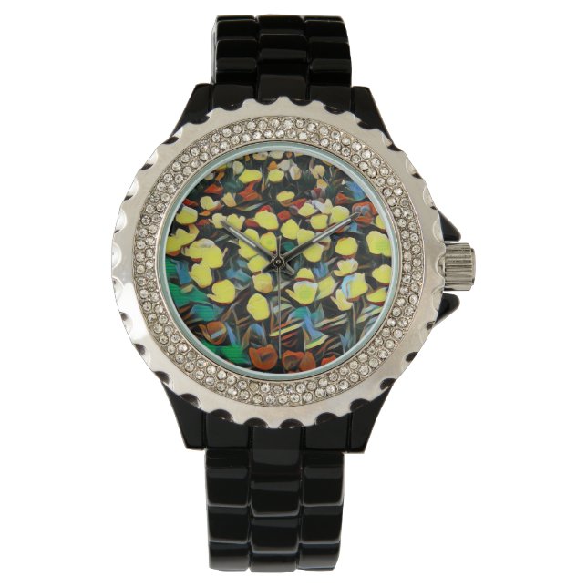 Schwarze Blütenschau (Dreaming) Armbanduhr (Vorderseite)