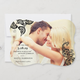 Schwarze Boho-Blumen-Pfau-Foto-Save-the-Date-Karte Save The Date