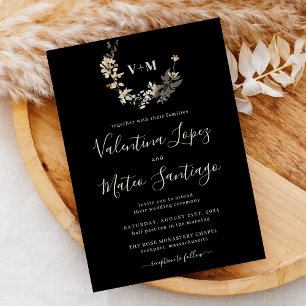 Schwarze Boho-Botanische Monogramm-Hochzeitseinlad Einladung
