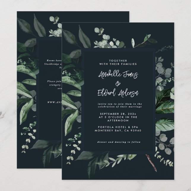 Schwarze botanische florale elegante Hochzeitsdeta Einladung (Vorne/Hinten)