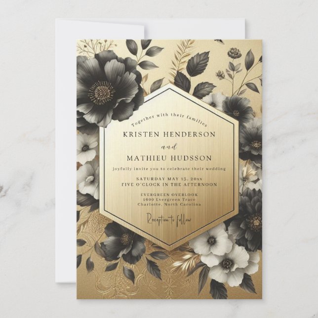 Schwarze botanische opulente Hochzeit Einladung (Vorderseite)