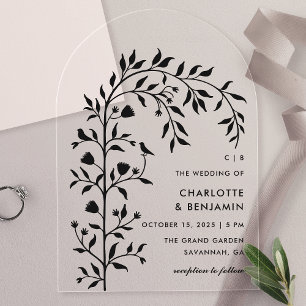 Schwarze botanische Vogelbogen-Hochzeit  Acryleinladungen