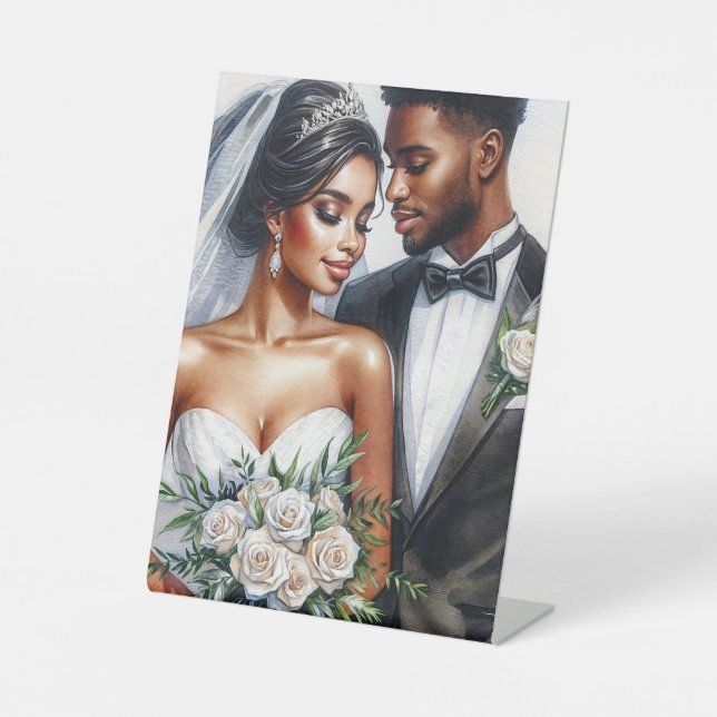 Schwarze Braut und Groom Afro Hochzeit Sockelschild (Vorderseite)
