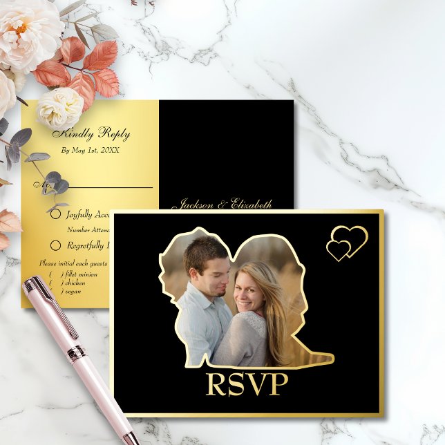 Schwarze Braut und Groom Form Foto Hochzeit RSVP Folie Einladungspostkarte (Von Creator hochgeladen)