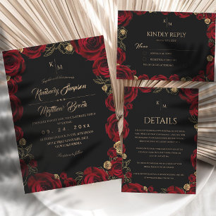 Schwarze Burgund⎮ Goldene Rose Florale Boho-Hochze Einladung