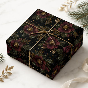 Schwarze Burgunder-Gold-Christrose-Botanik-Weihnac Geschenkpapier