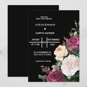 Schwarze Burgunder- und Gold-Blumen Hochzeit im mo Einladung