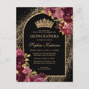 Schwarze Burgunderrote Gold Glitter Blumen Quincea Einladungspostkarte