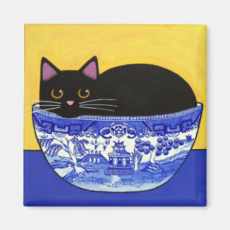 Schwarze CAT in Blue Willow Bowl Square Magnet