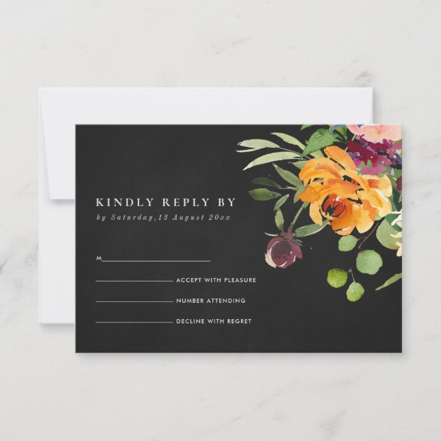 SCHWARZE CHACKBOARD BLUSH YELLOW ORANGE FLORAL UAW RSVP KARTE (Vorderseite)