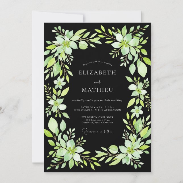 Schwarze Chartreuse-Blatt-Hochzeit Einladung (Vorderseite)