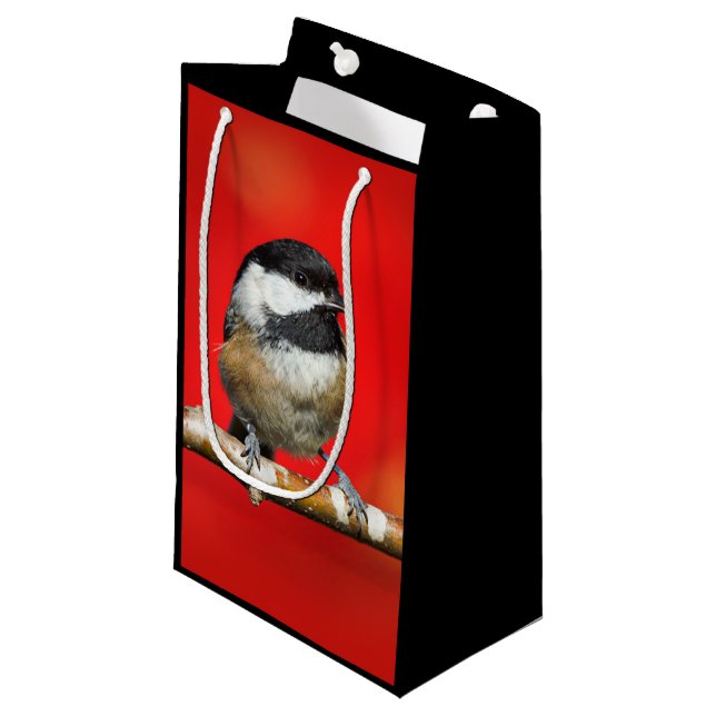 Schwarze Chickade auf Herbstrot Hintergrund Kleine Geschenktüte (Vorderseite Schrägansicht)