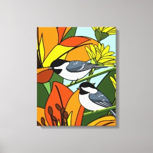 Schwarze Chickadee und Lily-Blume Leinwanddruck