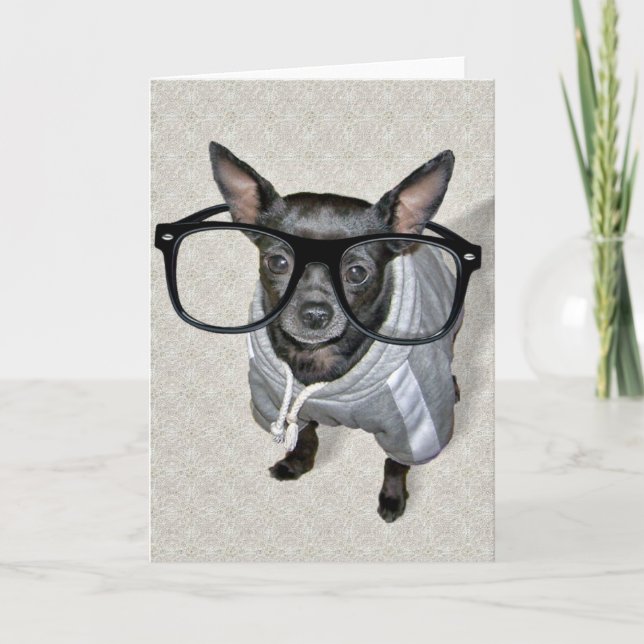 Schwarze Chihuahua mit Brillen-Foto Karte (Vorderseite)