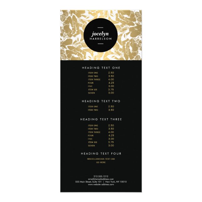 Schwarze Circle Rack Card der modernen Gold Blume Werbekarte (Vorne)