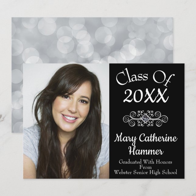 Schwarze "Class of 20XX" Foto Grad Ankündigung (Vorne/Hinten)