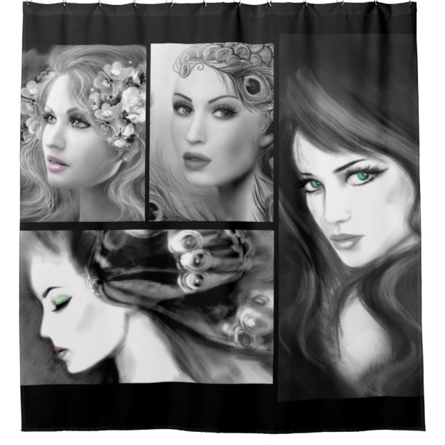 Schwarze Collage Fantasy Womans Duschvorhang (Vorderseite)