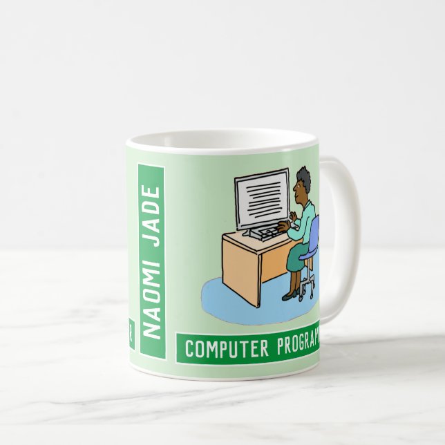 Schwarze Computerprogrammiererin mit Namen. Kaffeetasse (VorderseiteRechts)