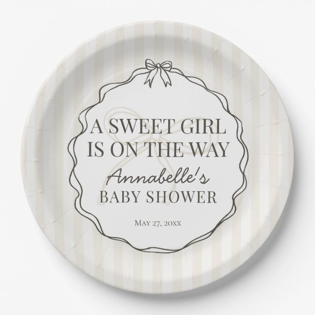 Schwarze Coquette Bow Beige Baby Dusche Tisch Deck Pappteller (Vorderseite)