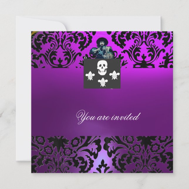 SCHWARZE CORSAIR SKULL & LILIE MONOGRAM lila Einladung (Vorderseite)