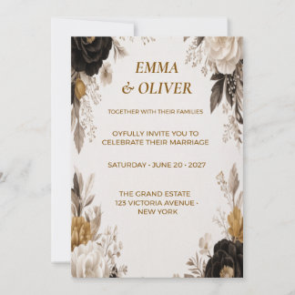 Schwarze & cremefarbene florale Hochzeitseinladung Einladung