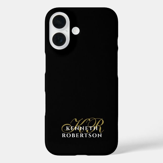 Schwarze Custom-Gold-Initialen Weiße Name Minimali iPhone 16 Hülle (Rückseite)