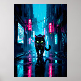 Schwarze Cyberpunk-Katze in neon-regnerischer Stad Poster