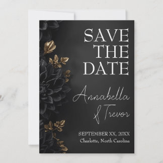 Schwarze Dahlien & Gold Moody Florale Hochzeit Save The Date