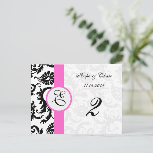 Schwarze Damaske Rosa Wirbel Tischnummer Cards (Stehend Vorderseite)