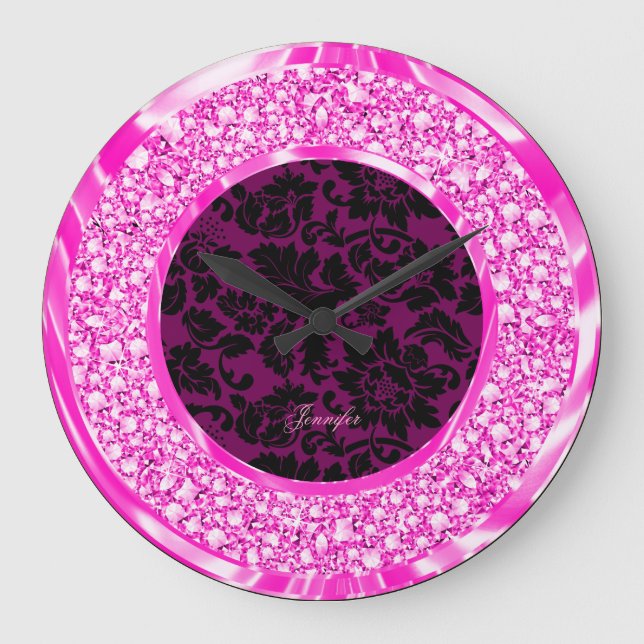 Schwarze Damasken funkelnd rosa Diamanten Glitzer Große Wanduhr (Vorderseite)