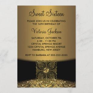Schwarze Damast Gold Klasse Sweet Sixteen Party Einladung