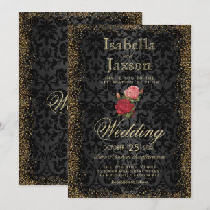 Schwarze Damast-und Rosen-Einladung Einladung