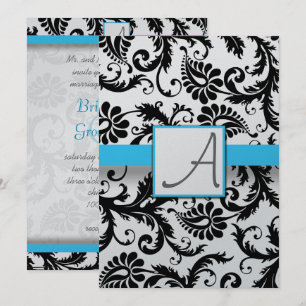 Schwarze Damast Wirbel Bright Aqua Trim No Dots Einladung