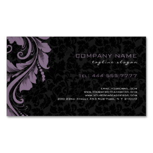 Schwarze Damaste & lila Blumenornamente Magnetische Visitenkarte