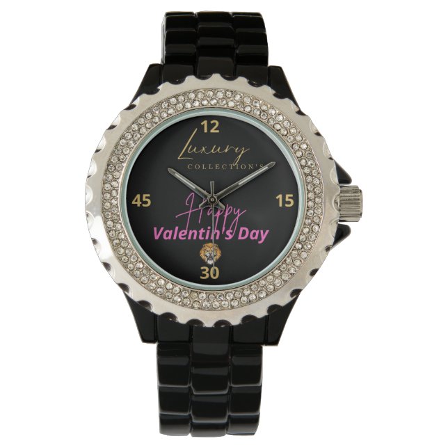 Schwarze Damen Email Strassuhr Armbanduhr (Vorderseite)