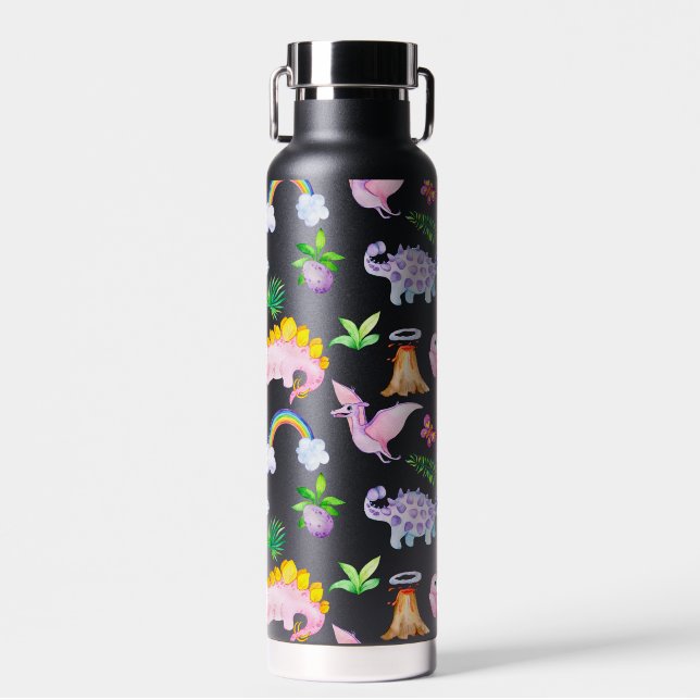 Schwarze Dinotiere Kindergeburtstag Geschenk Trinkflasche (Vorne)