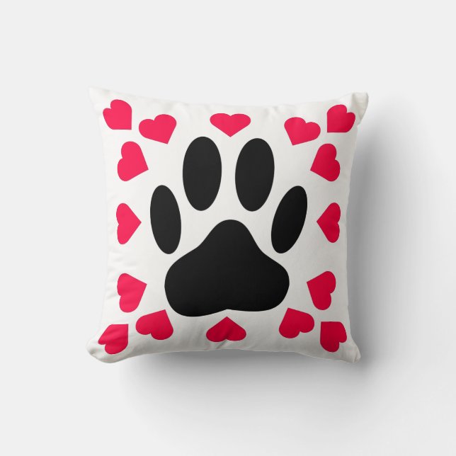 Schwarze Dog Paw Druck mit Herzformen Kissen (Vorderseite)
