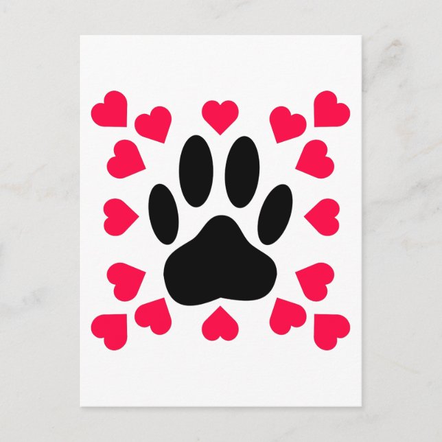 Schwarze Dog Paw Druck mit Herzformen Postkarte (Vorderseite)