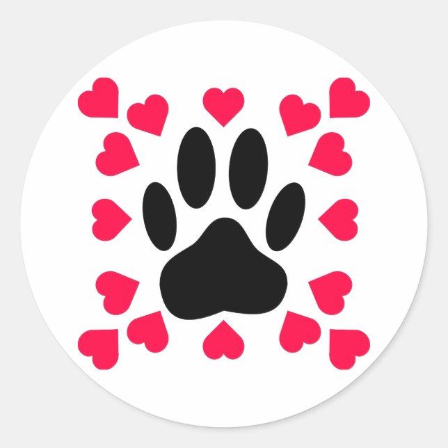 Schwarze Dog Paw Druck mit Herzformen Runder Aufkleber (Vorderseite)