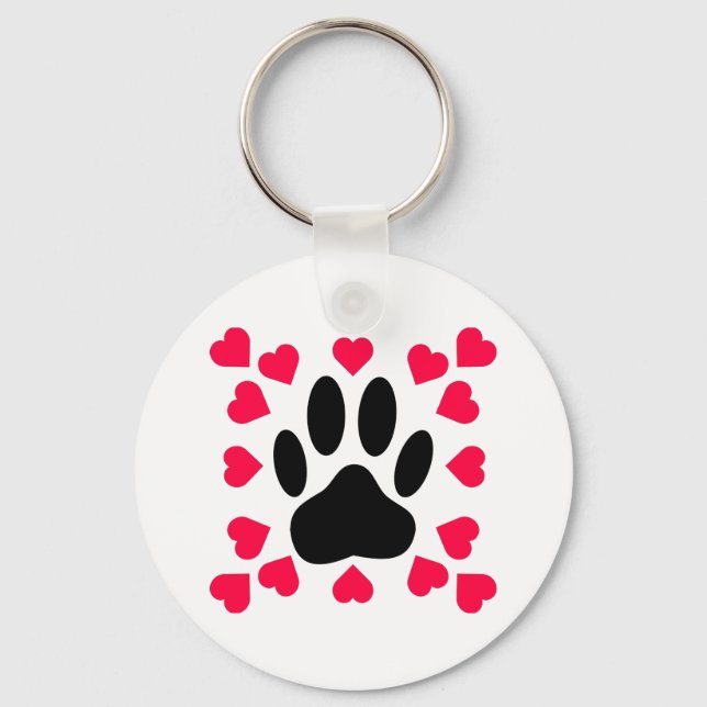 Schwarze Dog Paw Druck mit Herzformen Schlüsselanhänger (Vorderseite)