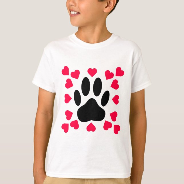 Schwarze Dog Paw Druck mit Herzformen T-Shirt (Vorderseite)