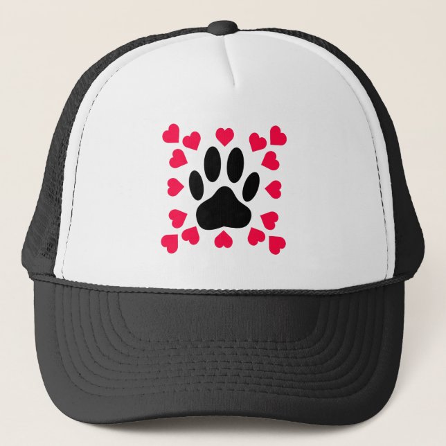 Schwarze Dog Paw Druck mit Herzformen Truckerkappe (Vorderseite)